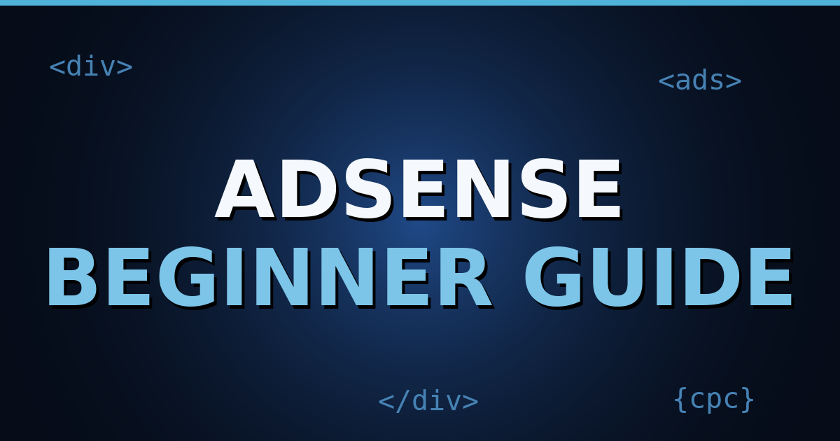 A dark navy gradient cover with floating HTML tag motifs like <h1> and <img> and the title text "AdSense Guide" in bold white letters.