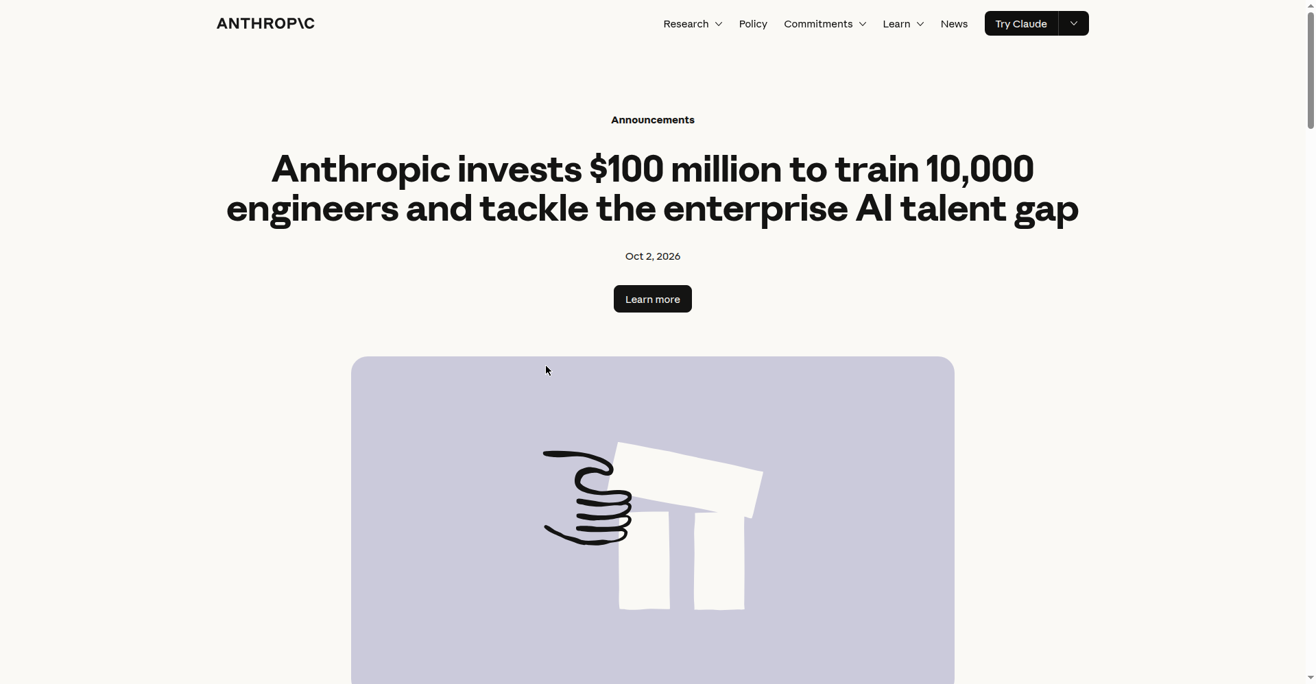 Anthropic 官网 Claude Frontier Academy 公告页截图