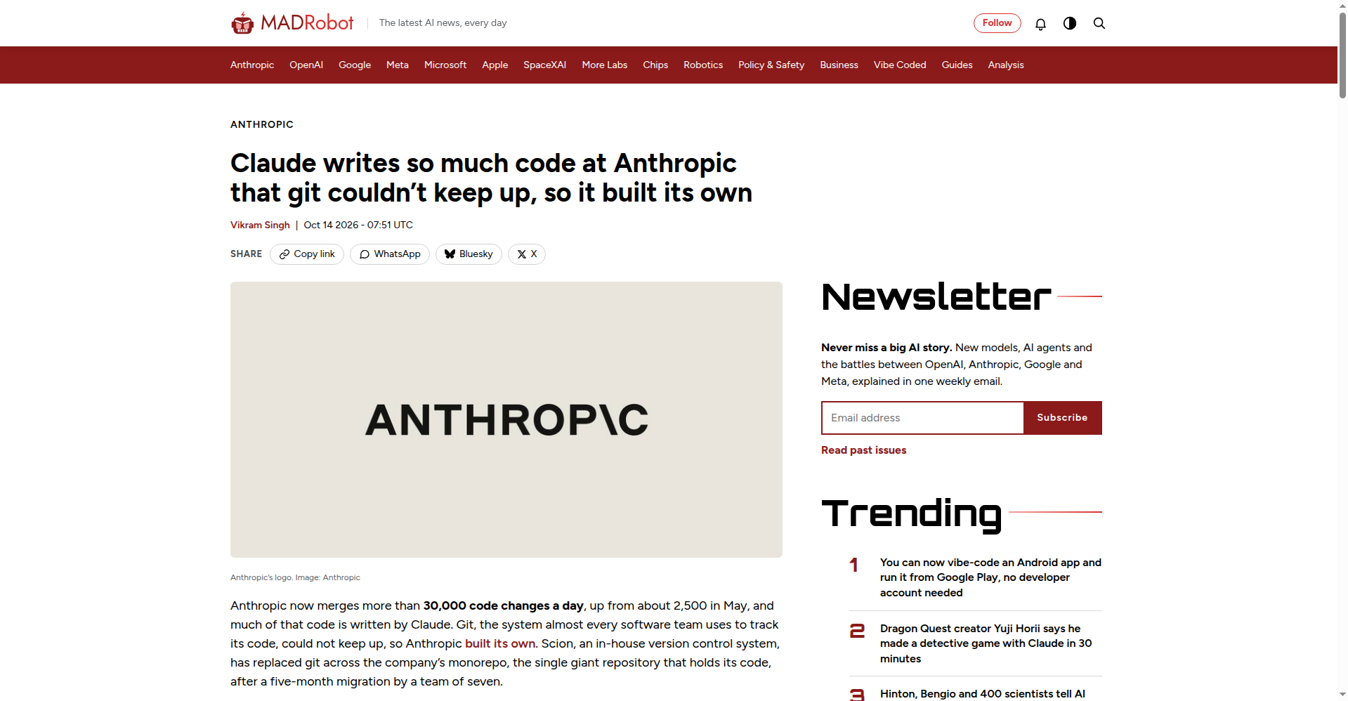 Screenshot of a news report about Anthropic's Scion system replacing Git, showing the headline and the 30,000-merges-a-day figure.
