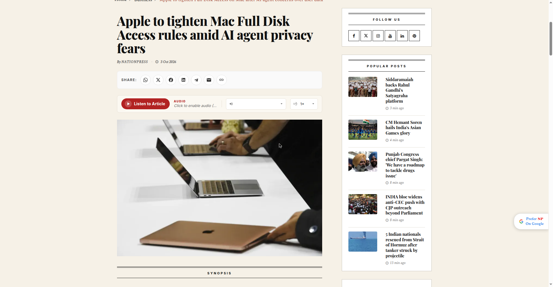 Nation Press 关于苹果收紧 Mac 全磁盘访问权限的报道页面截图