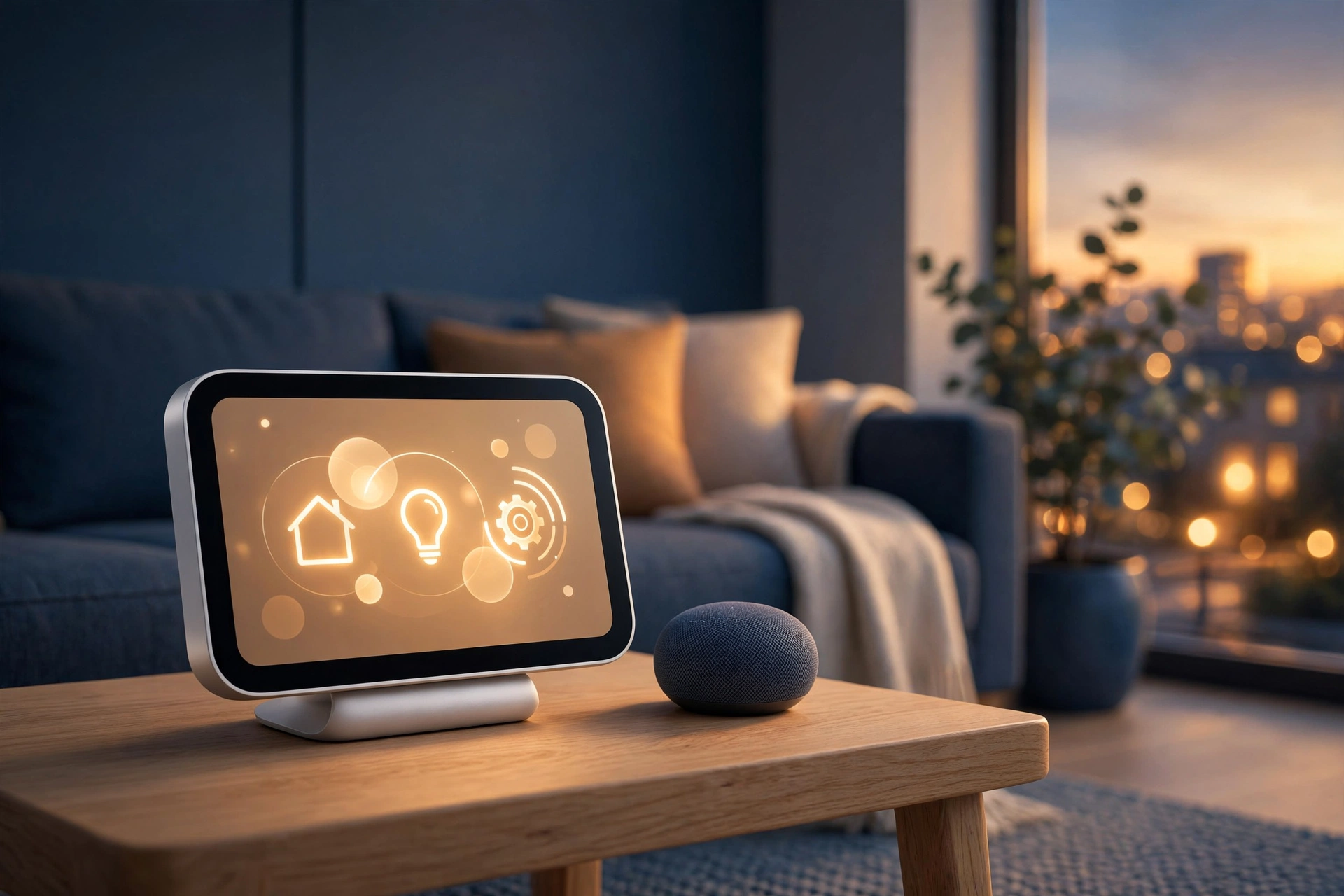 An illustration of a modern smart home hub with a glowing touchscreen on a side table, surrounded by connected devices in a dark-toned living room.