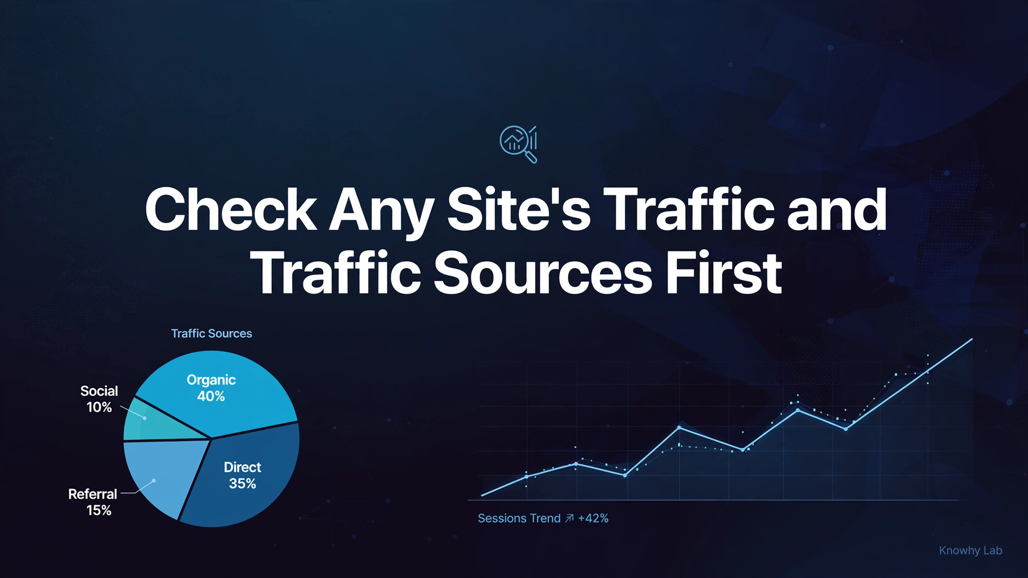 Dark branded cover with the title Check Any Site's Traffic and Traffic Sources First, a traffic-source pie chart and a rising sessions trend line.