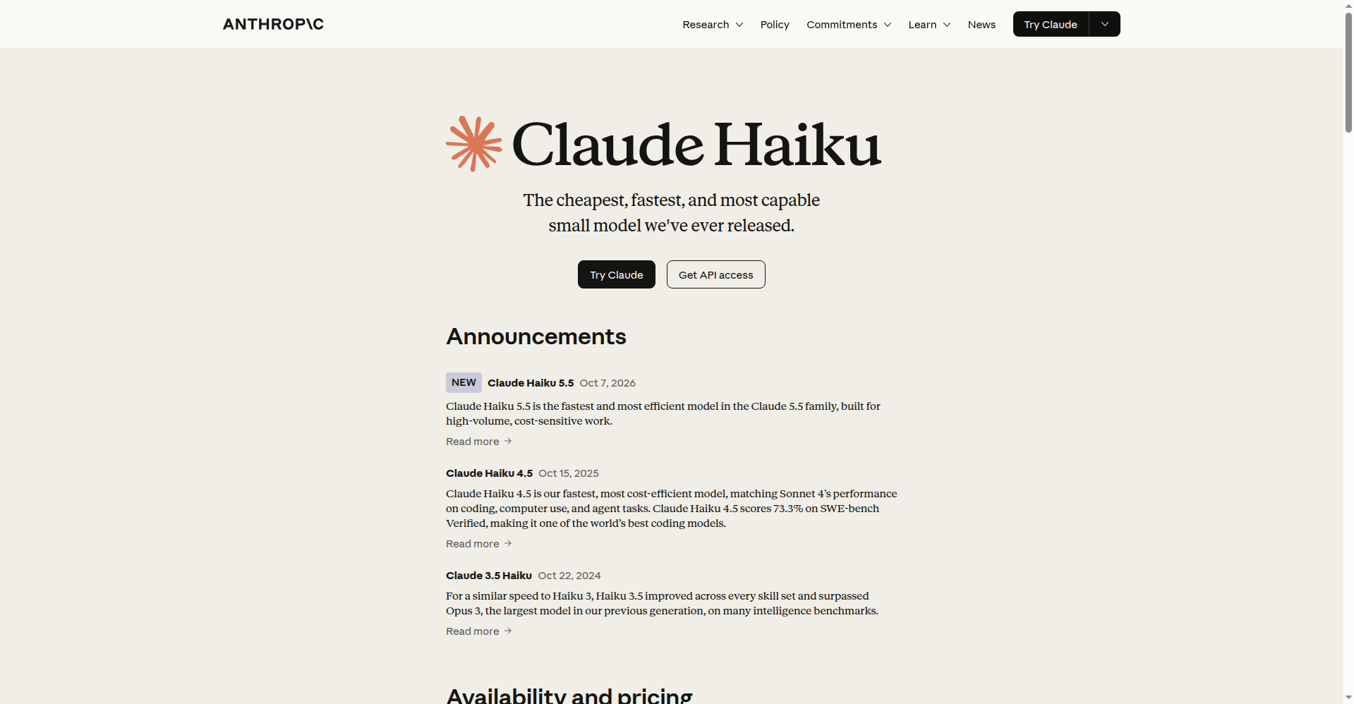 Anthropic 官方 Claude Haiku 产品页截图，Announcements 栏目标注了 10 月 7 日发布的 Claude Haiku 5.5
