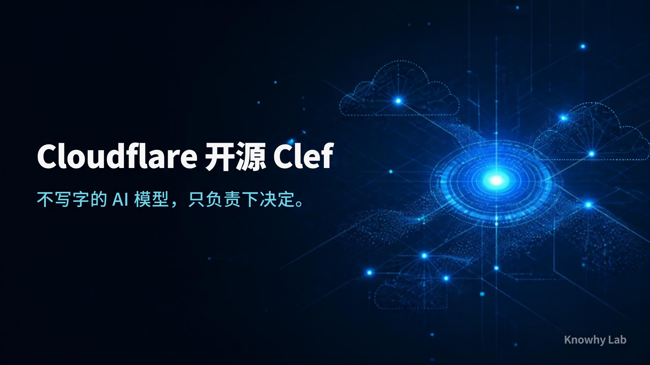 Cloudflare Clef 发布的 Canva 品牌封面（深色科技风，主标题“Cloudflare 开源 Clef”，副标题“不写字的 AI 模型，只负责下决定”，右下角 Knowhy Lab 字样）