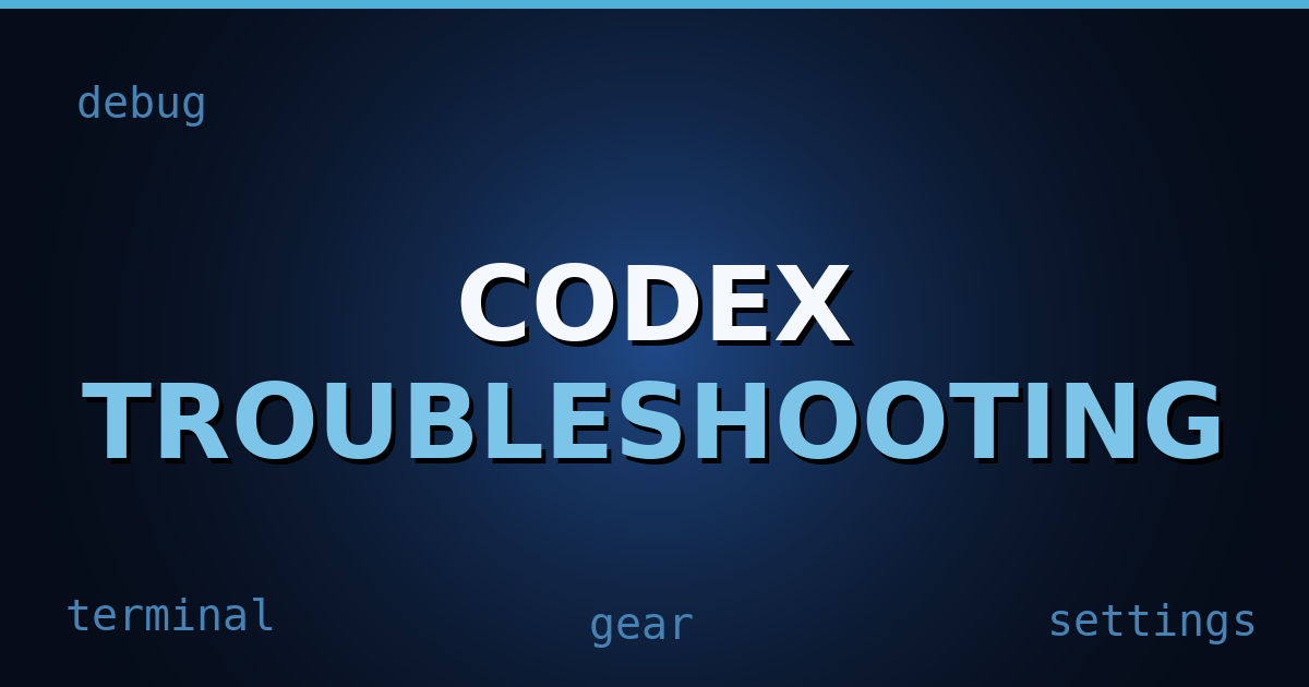 Dark navy gradient background with abstract debugging icons like a gear and network switch, symbolizing technical issue resolution.