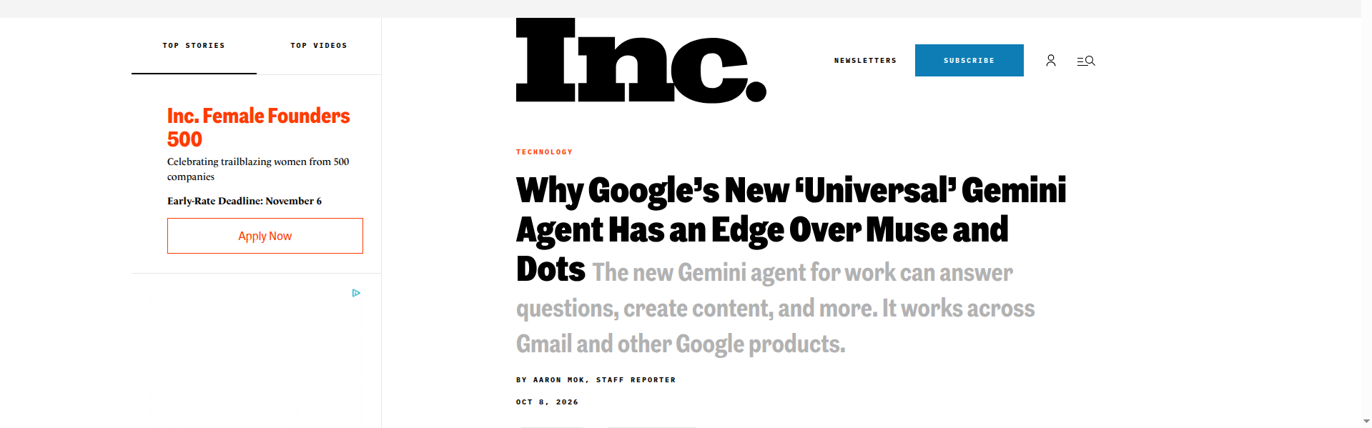 Inc. 关于 Google 新版工作型 Gemini agent 报道的页面截图