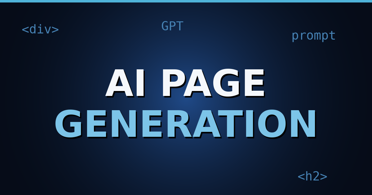 A dark navy gradient background with floating HTML tag symbols and the title text "AI Page Generation" in bold white letters.