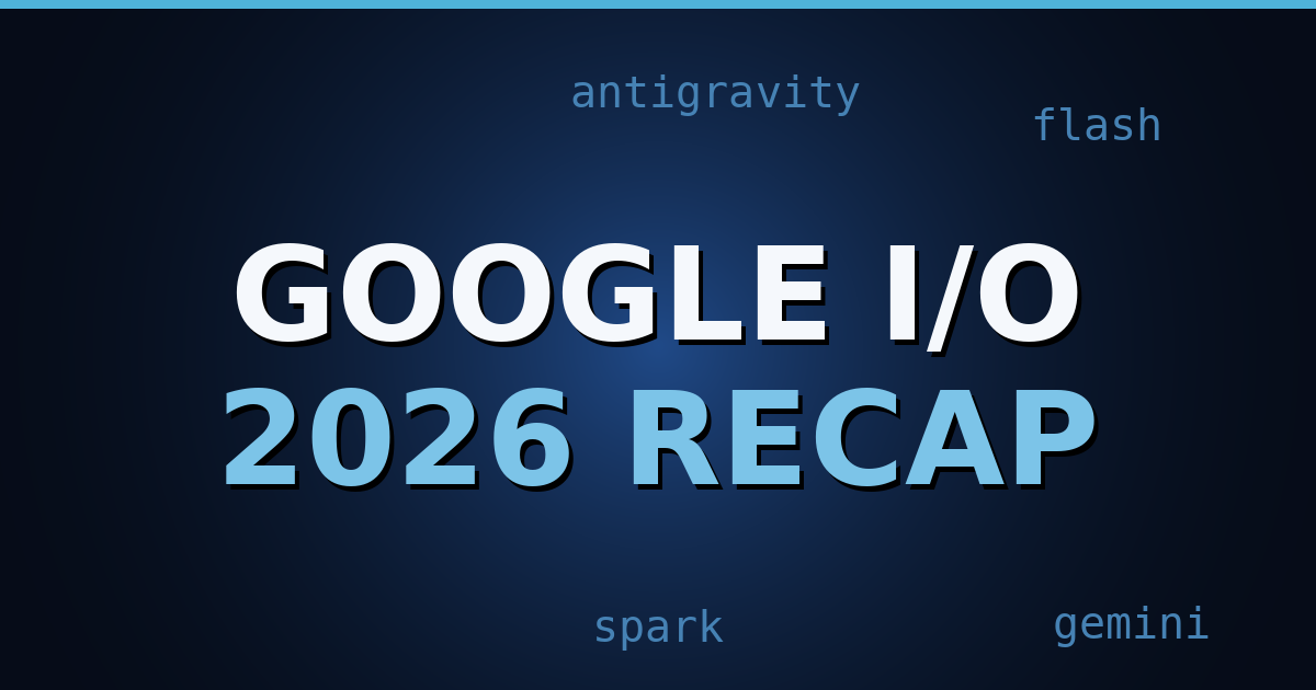 A dark navy gradient background with a Gemini-inspired spark and subtle developer conference stage lighting.