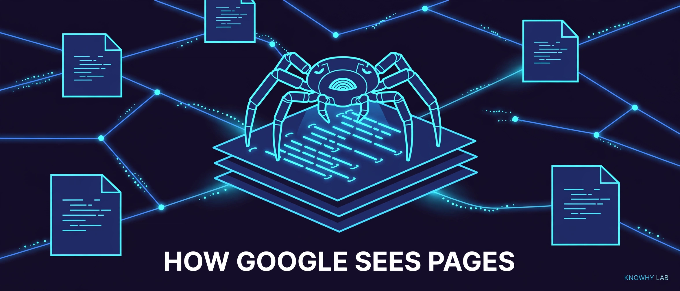 Dark illustration of a spider bot reading web pages across a network, titled HOW GOOGLE SEES PAGES.