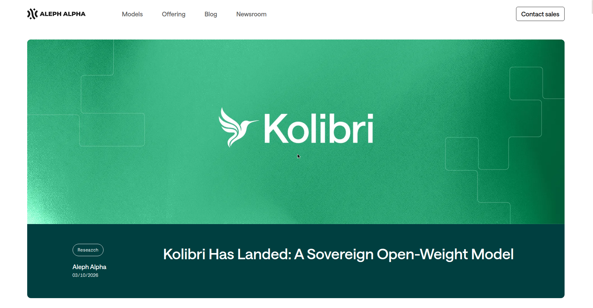 Aleph Alpha 官方 Kolibri 发布公告页面截图:绿色横幅上是蜂鸟 Logo 与 Kolibri 字样,下方大标题 Kolibri Has Landed: A Sovereign Open-Weight Model