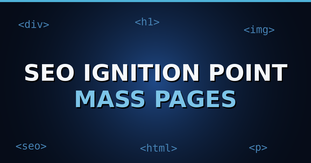 A dark navy gradient cover with HTML tag motifs and the title text "SEO Ignition Point" centered in bold white letters.