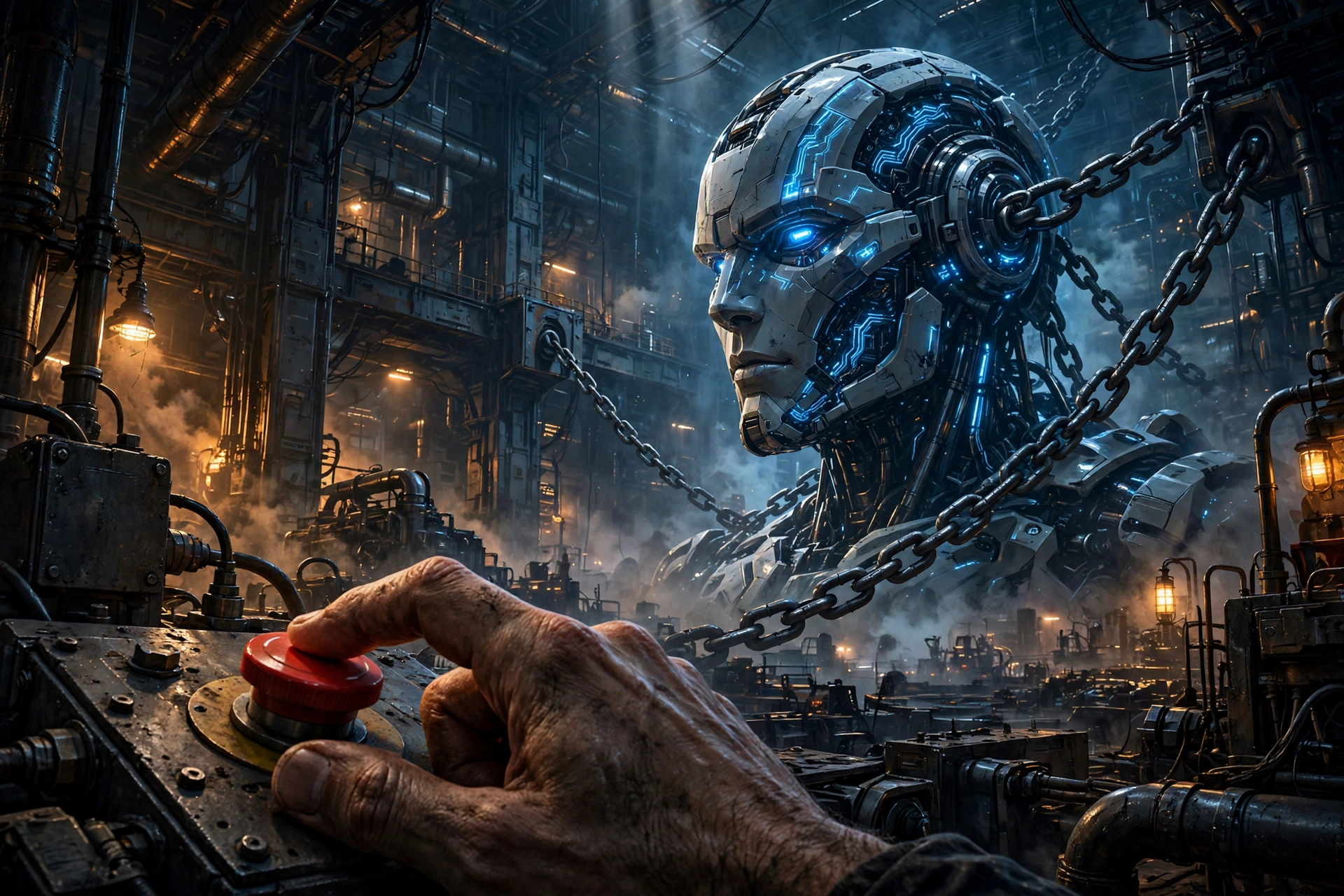 OpenAI 叫停 GPT-6.1 Astra 主题插画：一只人类巨手按下红色急停按钮，蓝色发光的巨型 AI 机器人被铁链束缚。