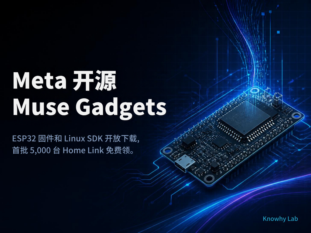 Meta 开源 Muse Gadgets 的 Canva 品牌封面:深色科技风电路板背景,主标题 Meta 开源 Muse Gadgets,右下角 Knowhy Lab 字样。