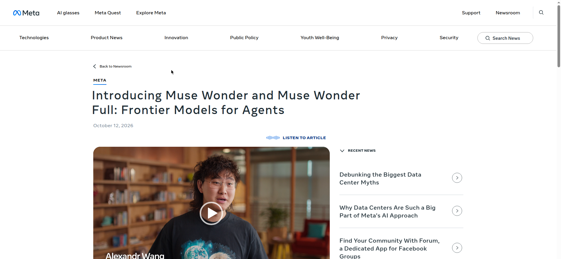 Screenshot of Meta's official newsroom announcement for Muse Wonder and Muse Wonder Full, dated October 12, 2026, showing the headline and an embedded video featuring Alexandr Wang.