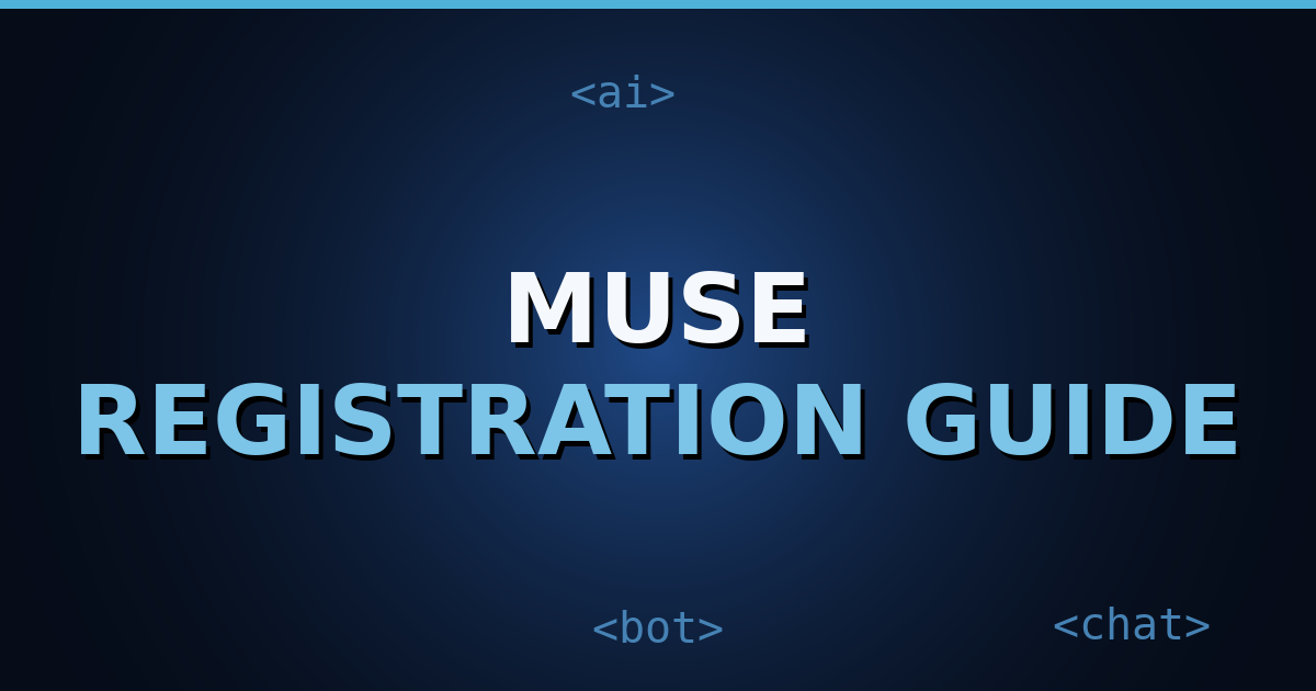 Dark navy gradient cover with HTML-tag motifs and the exact title text "Registering for Muse: Sign-Up and Invite Code Guide"