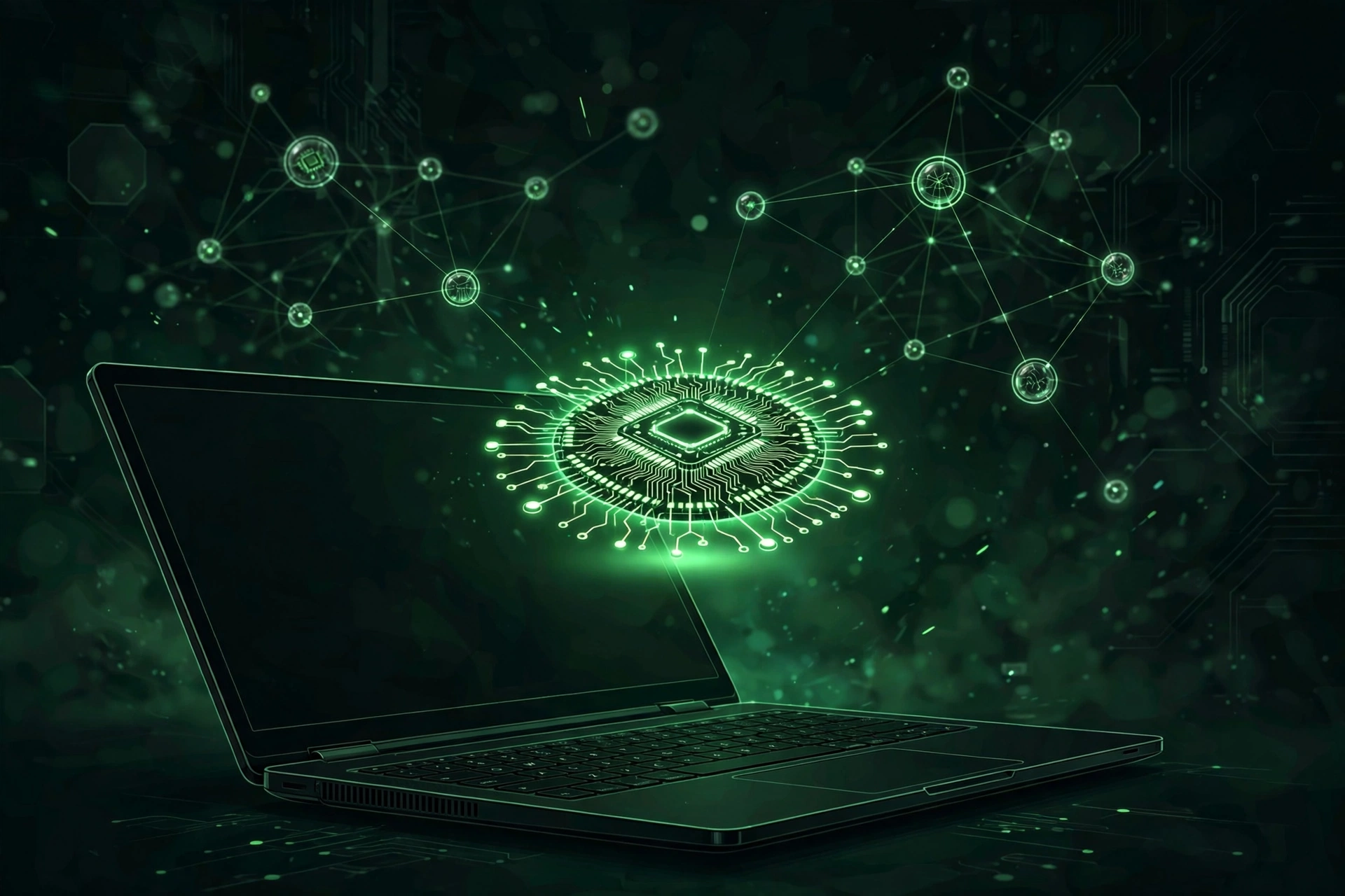 An abstract illustration of a small laptop with a glowing circuit network rising from its screen, rendered in dark blue and green tones.
