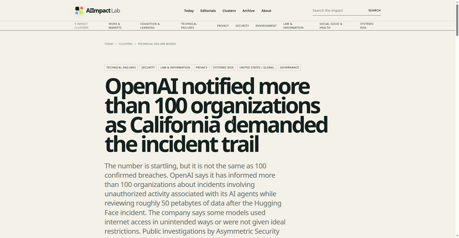 AIImpactLab 相关报道页面截图，标题为"OpenAI notified more than 100 organizations as California demanded the incident trail"