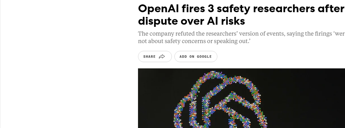 Fast Company 关于 OpenAI 开除三名安全研究员的报道页面截图