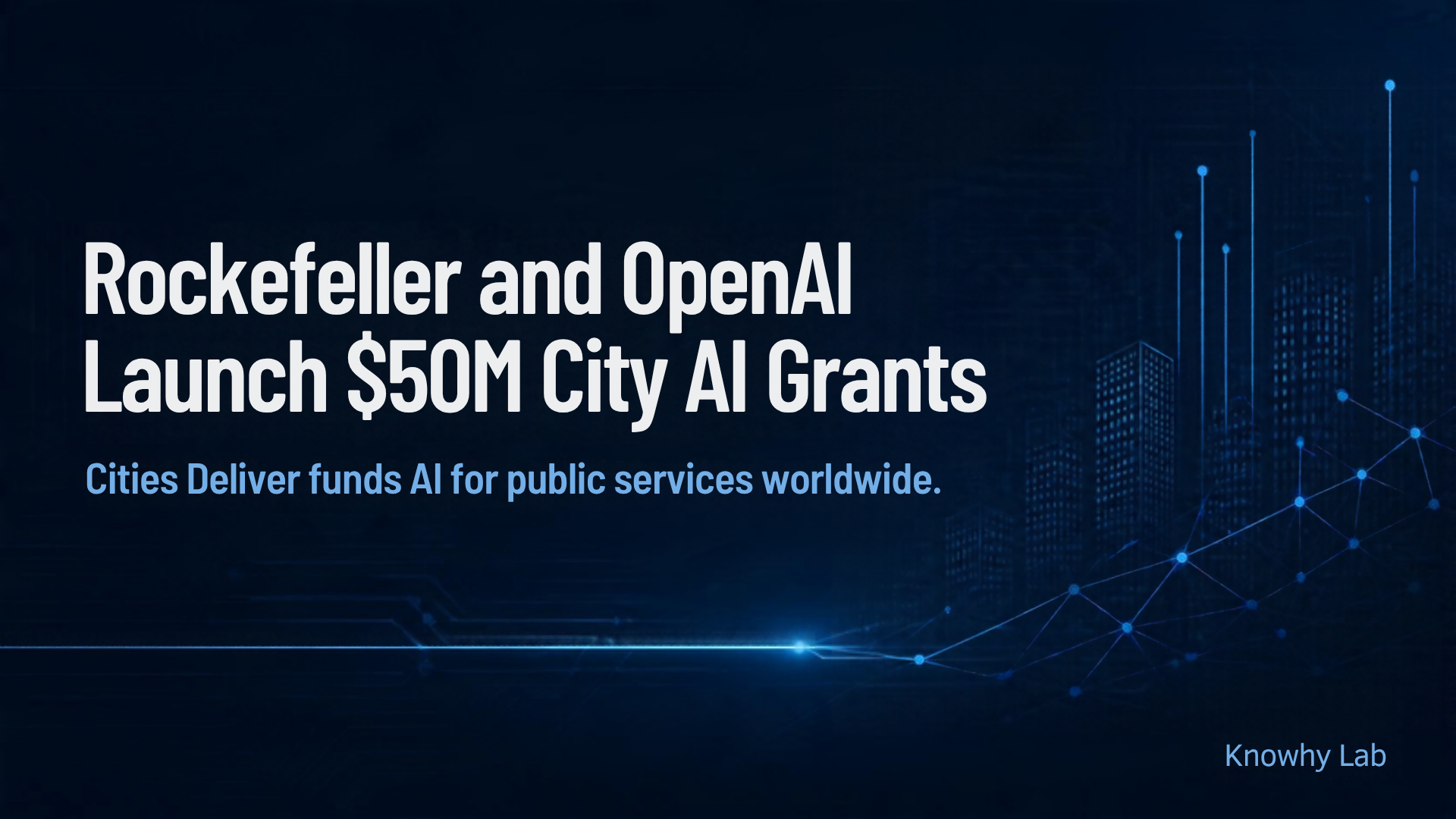 Dark cover with a glowing city skyline at night and a network of light connections rising from it, representing AI-powered public services in cities.
