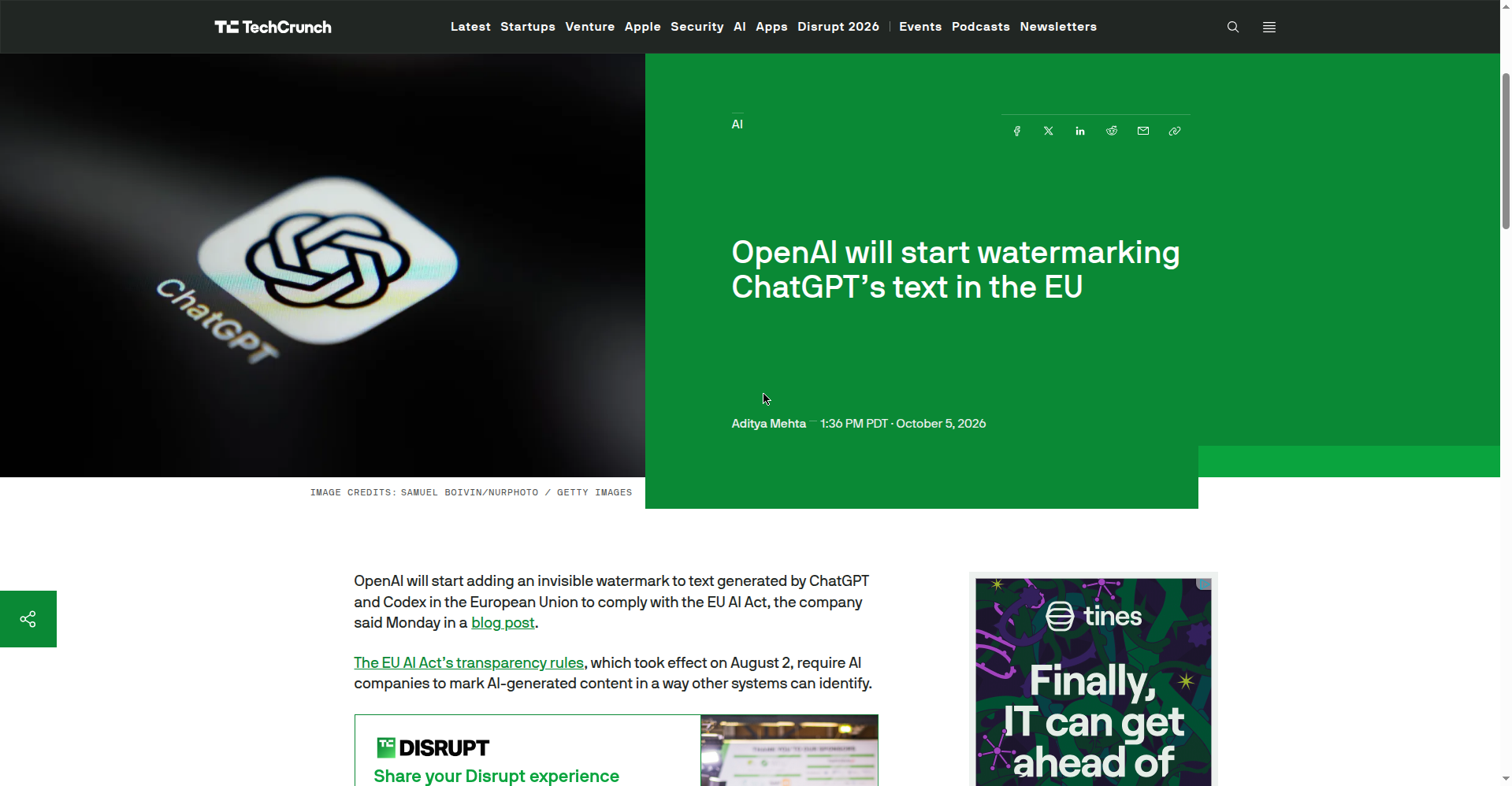 TechCrunch 关于 OpenAI 在欧盟上线 ChatGPT 隐形文字水印报道的页面截图