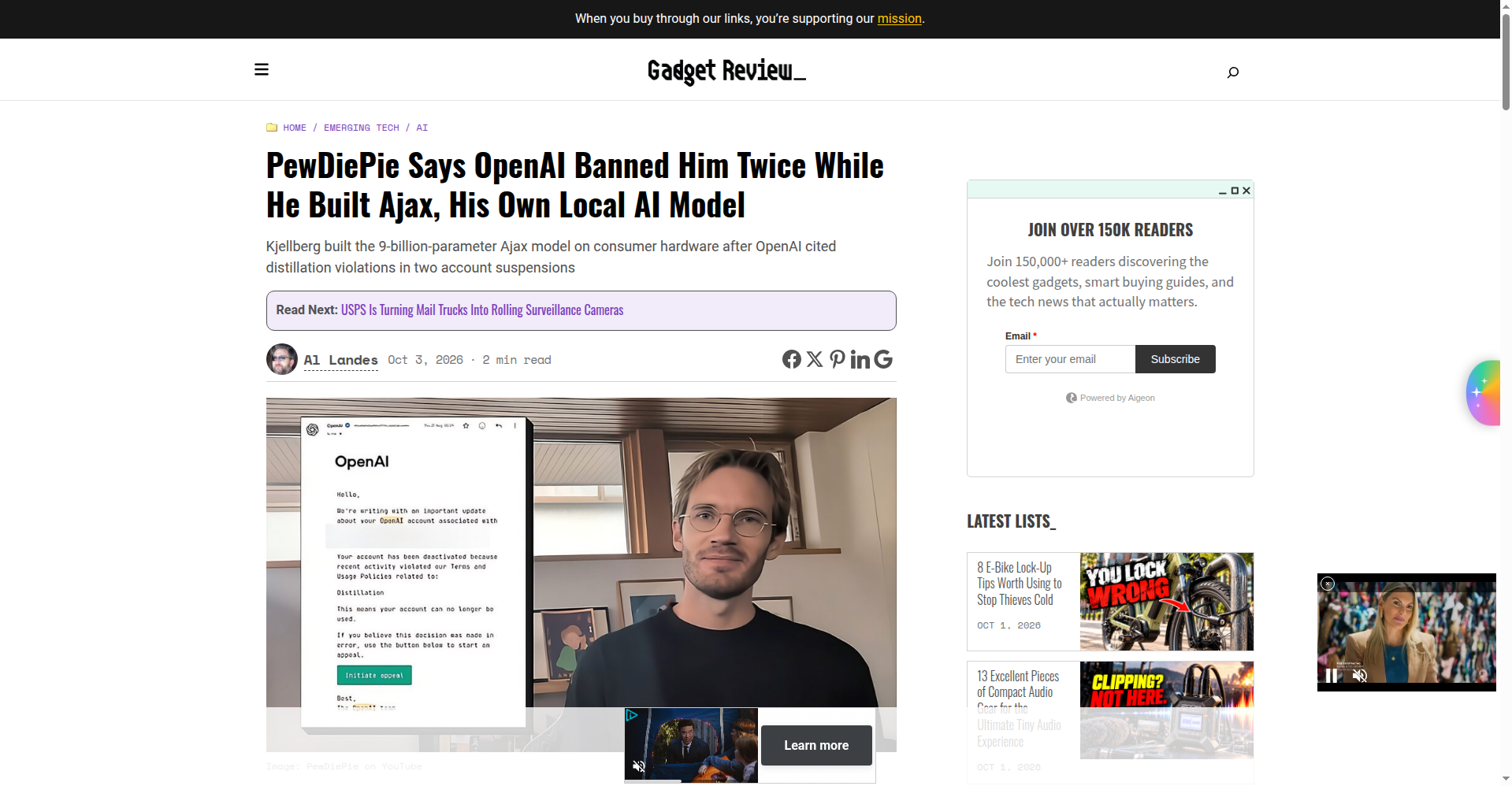 Gadget Review 相关报道截图：PewDiePie 发布本地模型 Ajax，OpenAI 因蒸馏封禁其账号。