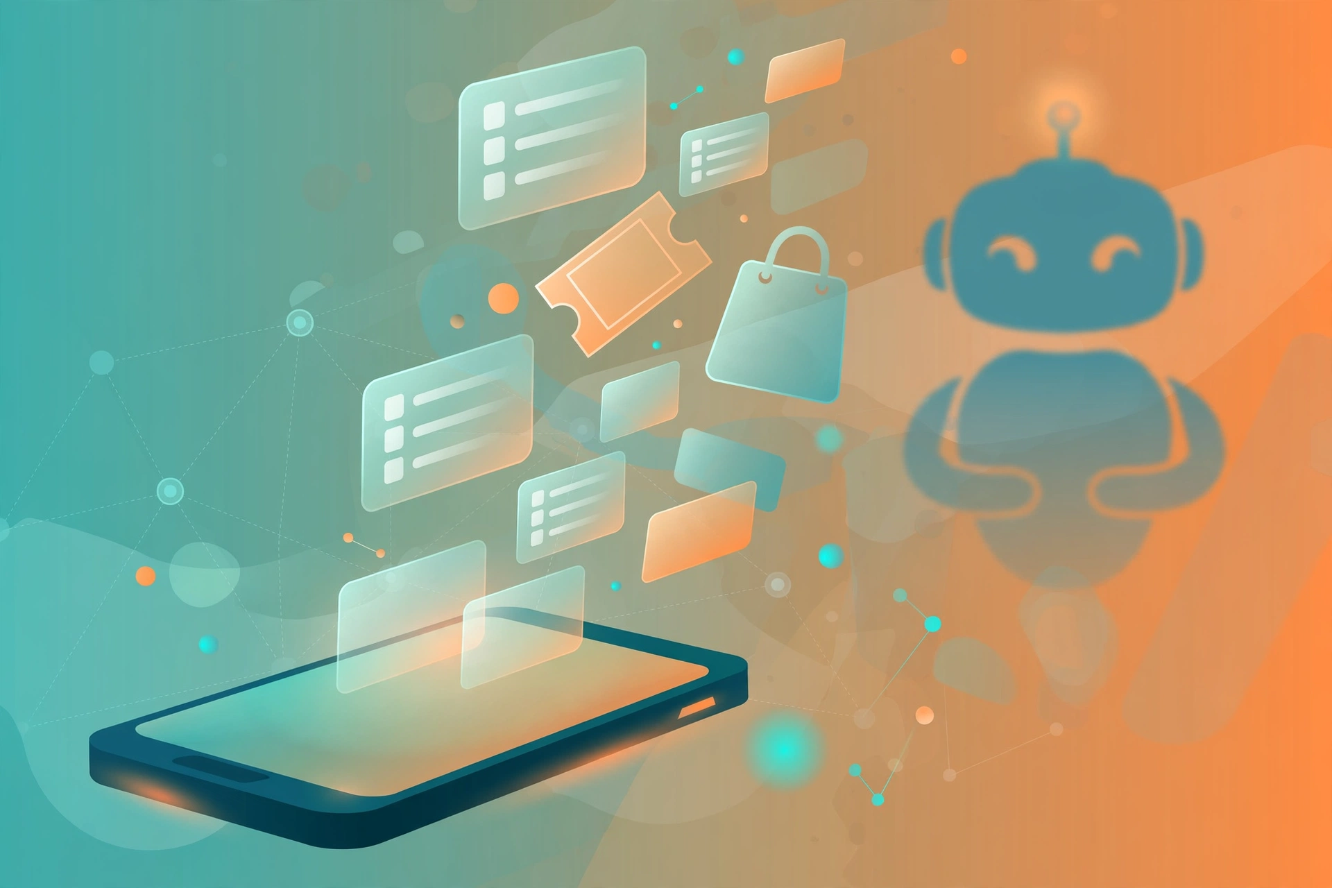 An abstract illustration of a smartphone surrounded by floating task cards and small icons, in soft blue and orange gradients on a light background.