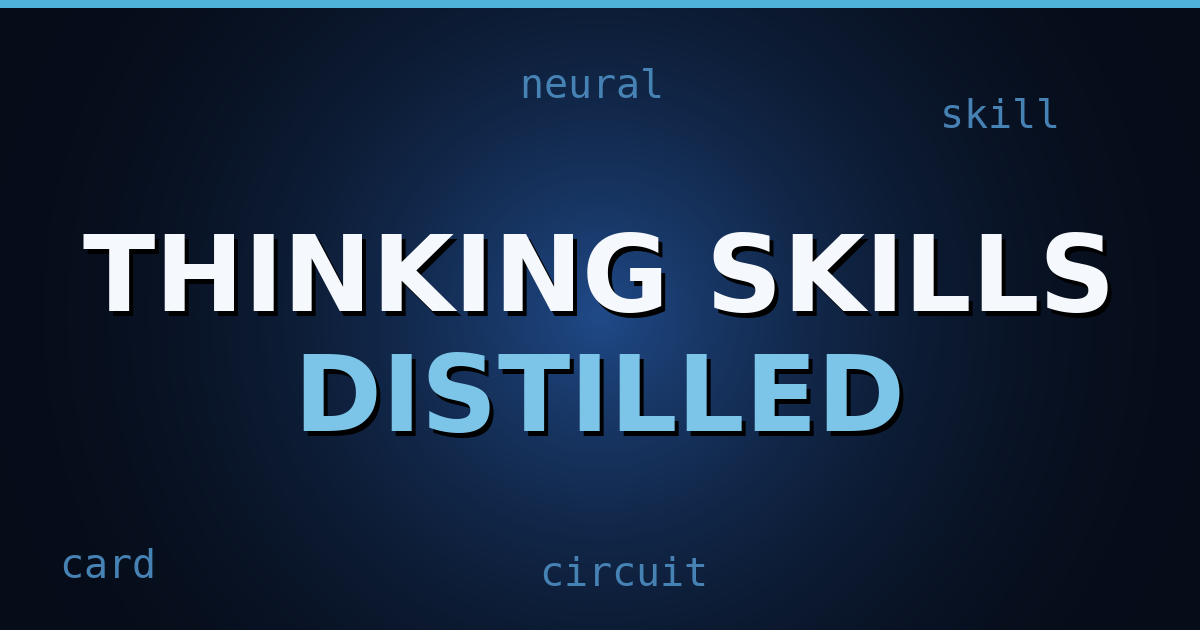 Abstract dark navy gradient background featuring layered mind-model cards and skill-file icons, symbolizing the distillation of expert thinking frameworks.