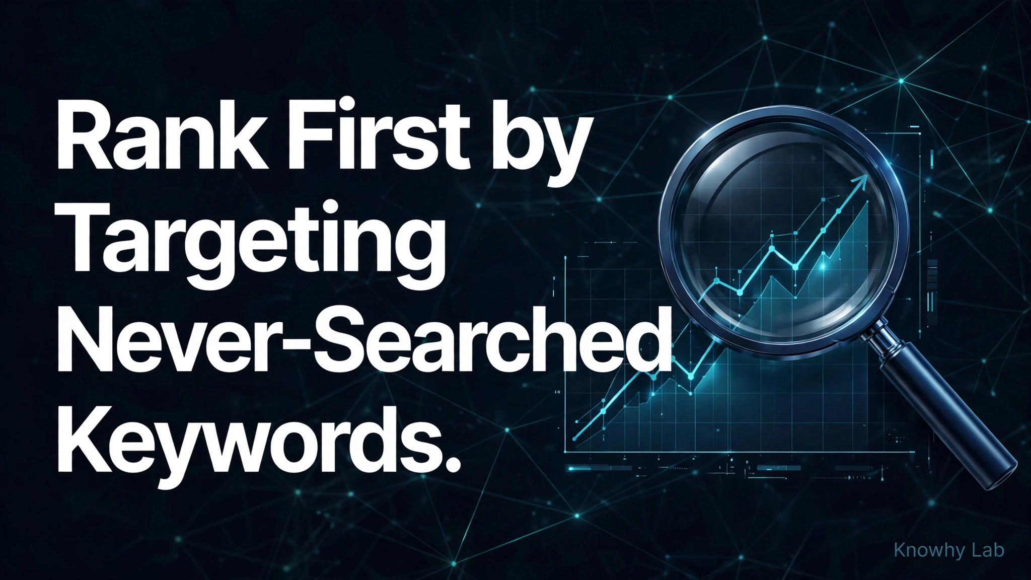Dark branded illustration of a magnifying glass over a globe with a lightning bolt, symbolizing fast discovery of new search terms.