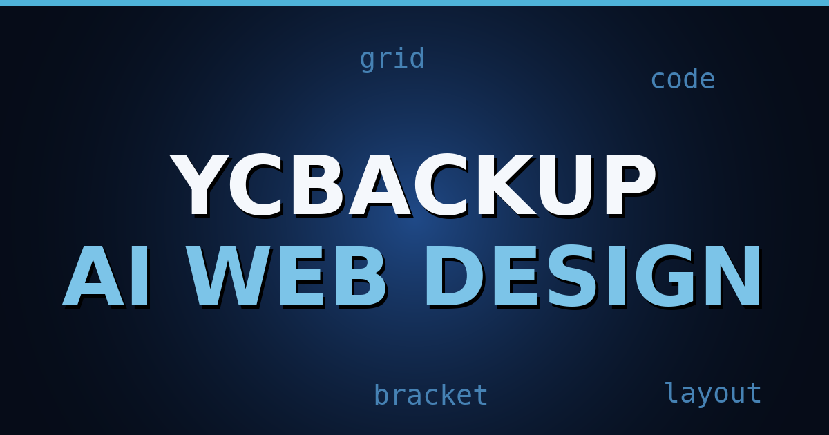 Dark navy gradient background with abstract website wireframes and floating code bracket elements.
